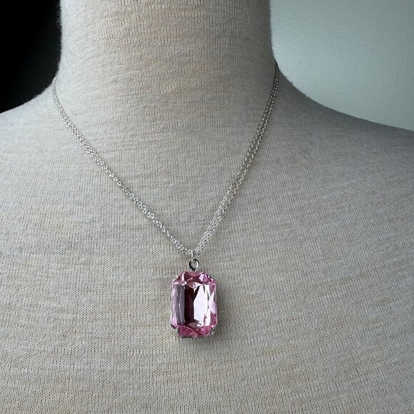 Pink Acrylic Pendant Silver Tone Chain Necklace 17 - 20.5" - Picture 1 of 5